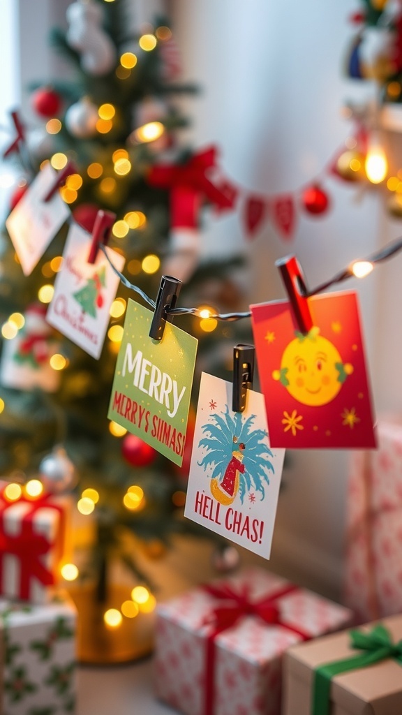 String lights with Christmas cards clipped on, glowing warmly in a festive setting.